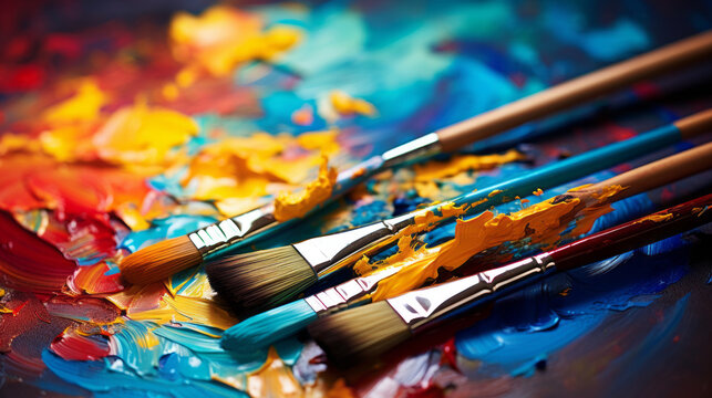 Colorful oil paints and brushes. Art, painting, hobby, creativity and imagination concept.