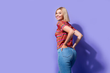 Photo portrait of cheerful pretty positive girlfriend dressed stylish denim jeans shows booty ass...