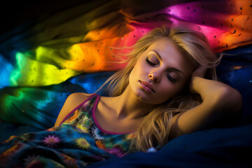 Naklejka premium A beautiful young girl sleeps surrounded by vibrant colorful bedding. The concept of dreams, sleep, comfort and beauty.
