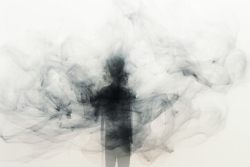 How pollution harms children. Silhouette of a child made of black smoke. The concept of air pollution, the harm of pollution, the harm of smoking. - obrazy, fototapety, plakaty