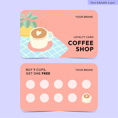Coffee card, Loyalty card for coffee shop with correcting stamp templat, Promotion card for cafe, cute pink minimal style, Flat color, hand drawn, Buy 9 get one free, Vector illustration