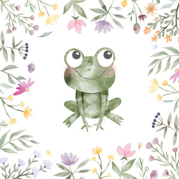 Watercolor illustration of a cute green frog with big eyes. A frog in a flower garden. Funny amphibian character. Illustration for postcards, posters.