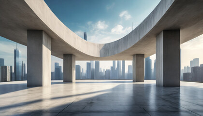 3d render of abstract indoor architecture with empty concrete floor on cityscape background.