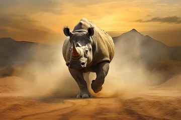 Zelfklevend Fotobehang Wild Rhinoceros charging, Africa, AI Generated © Gabrielle