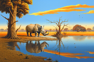 Rhinoceros standing near in a pond in the savannah, Africa, AI Generated