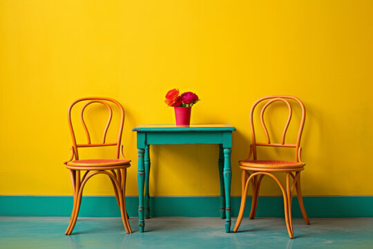 Vintage chairs in front of a shabby colorful wall on a sunny day. Relaxation, travel, Mediterranean and summer concept.