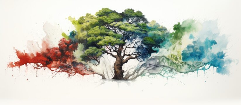 The creative artist used oil paints to create a stunning drawing on a white background incorporating elements of nature with a combination of green blue and red colors showcasing their artis