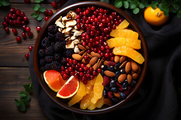 An African bowl filled with fruits and nuts for Kwanzaa, viewed from the top, - obrazy, fototapety, plakaty