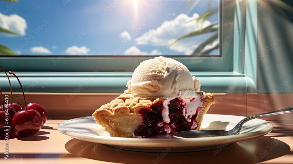 Aufkleber a piece of pie with ice cream and cherries on a plate with a spoon in front of a window. generative 