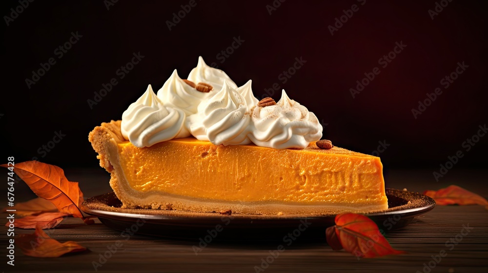 Poster a slice of pumpkin pie on a plate with whipped cream on top of it and a leaf on the side. generative