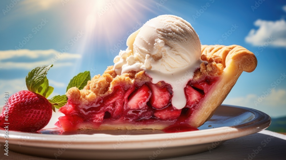 Poster a slice of pie with ice cream and strawberries on a plate with a blue sky and clouds in the backgrou
