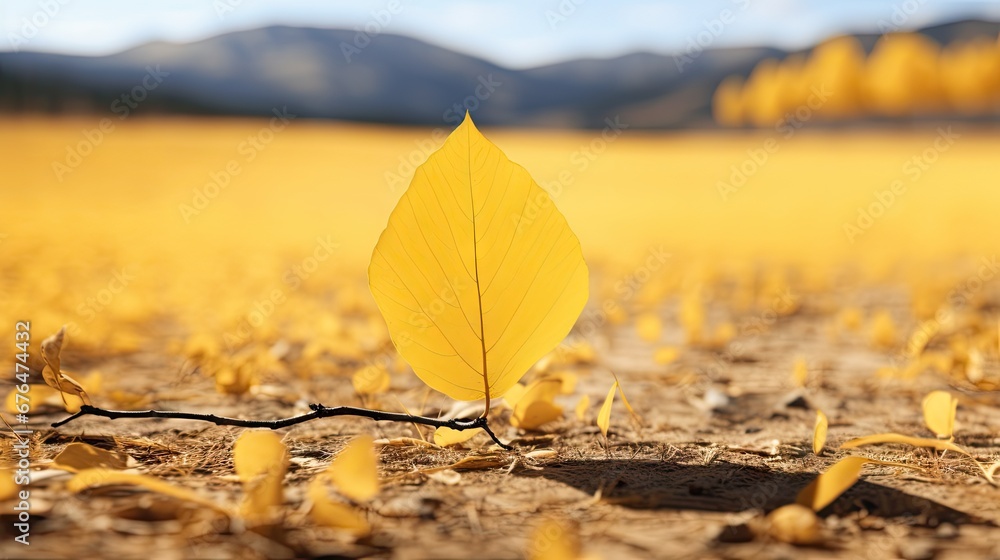 Poster a single yellow leaf sitting in the middle of a field of yellow grass with a mountain range in the b
