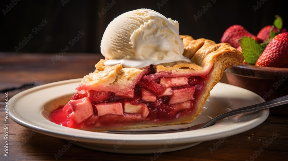Poster a piece of pie on a plate with a scoop of ice cream on top of it and a bowl of strawberries in the b