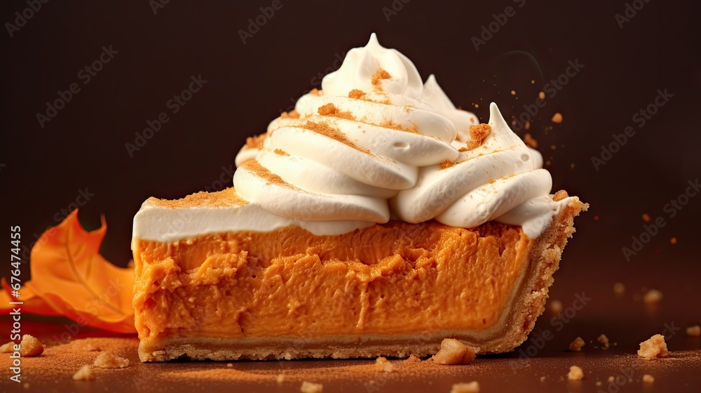 Poster a slice of pumpkin pie with whipped cream on top of it and a leaf on the side of the pie. generative