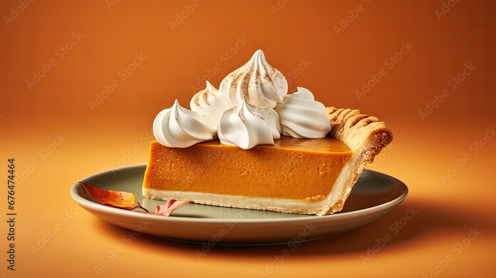 Poster a slice of pumpkin pie with whipped cream on top on a plate on an orange background with a bite take