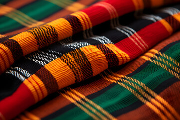 A traditional Kwanzaa garment, a beautifully woven kente cloth, shown in close-up, - obrazy, fototapety, plakaty