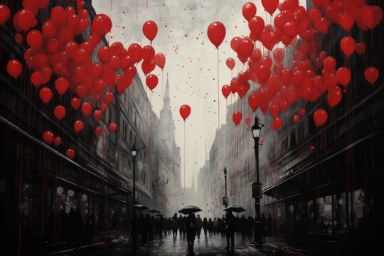 Artistic watercolor portrayal of red and black balloons cascading like a rain of color, instantly drawing attention and creating a visually stunning advertisement.