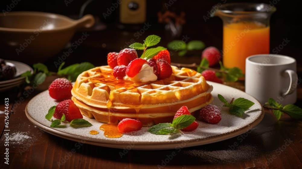 Poster a plate topped with waffles covered in syrup and topped with strawberries and raspberries next to a 
