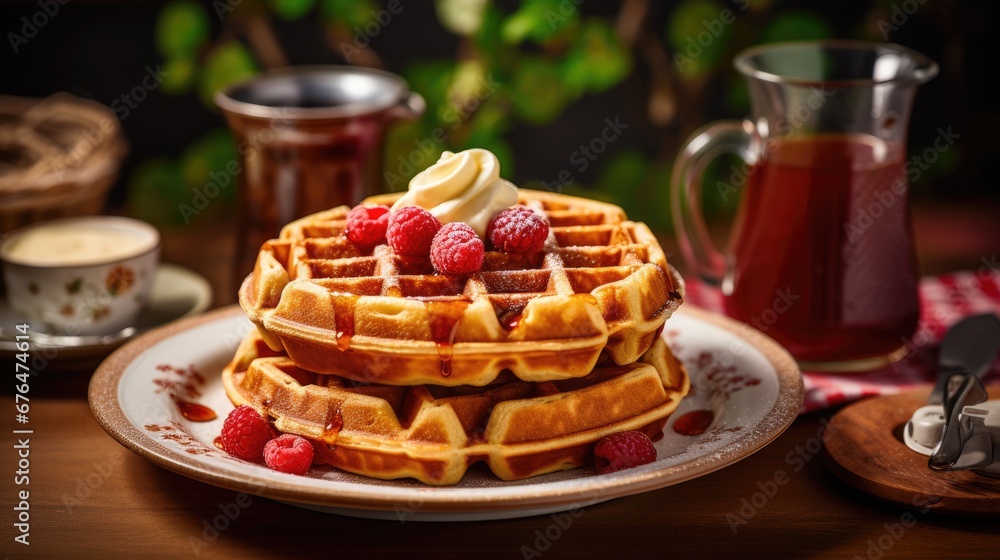 Aufkleber a stack of waffles with raspberries on a plate next to a cup of tea and a pitcher of tea. generative