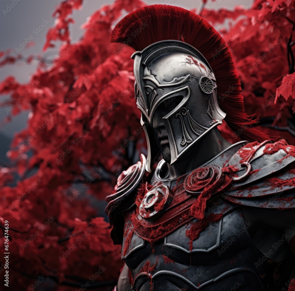 Poster a close up of a person wearing a helmet with blood all over it and a tree with red leaves in the bac