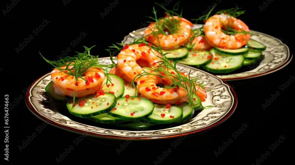 Aufkleber  a couple of plates filled with cucumbers and shrimp on top of cucumbers with sauce on them.  generative ai