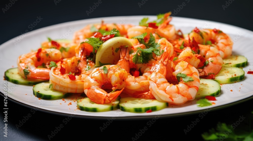 Poster a plate of shrimp and cucumbers with a garnish of cilantro and cilantro. generative ai