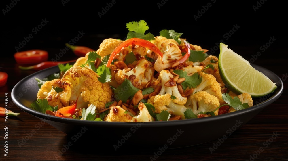 Poster a close up of a bowl of food with cauliflower and peppers and a lime wedge on the side. generative a