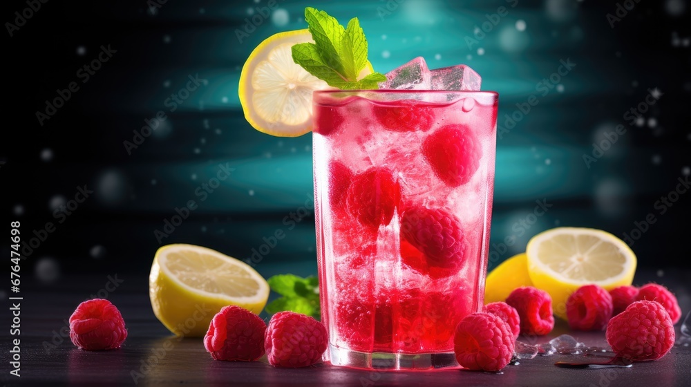 Poster a glass of raspberry lemonade on a table with lemons and mint on the side of the glass. generative a