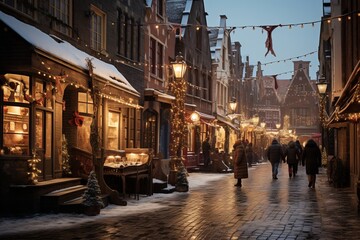 Fototapeta premium people walk through a Christmas market with garlands in a European city