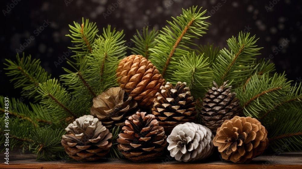 Poster a bunch of pine cones sitting on top of a wooden table next to a pine cone and a pine tree branch. g
