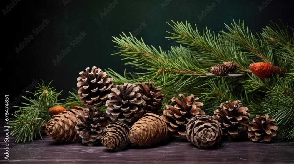 Poster a group of pine cones sitting on top of a wooden table next to a pine cone and a pine branch. genera