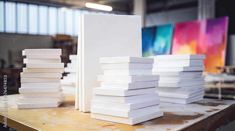Aufkleber a group of white boxes sitting on top of a table next to a pile of white boxes on top of a table. ge