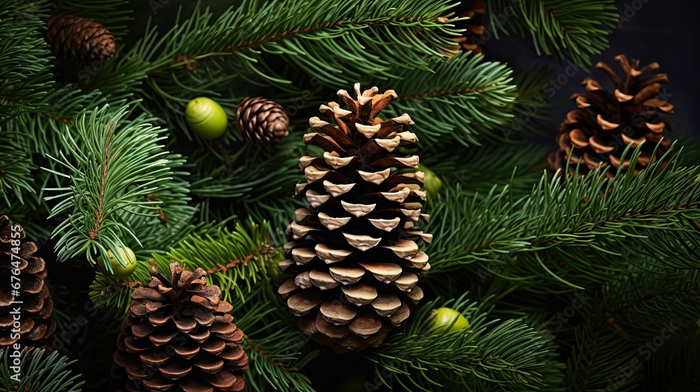 Poster a bunch of pine cones sitting on top of a pine tree next to other pine cones on a tree branch. gener