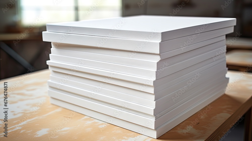 Poster a stack of white paper sitting on top of a wooden table with a window in the backgroup. generative a