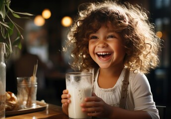A little girl with curls drinks a milkshake through a straw in a cozy cafe. - obrazy, fototapety, plakaty