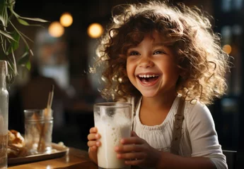 Zelfklevend Fotobehang A little girl with curls drinks a milkshake through a straw in a cozy cafe. © FAB.1