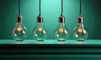 four standard incandescent light bulbs on wires against a turquoise wall background