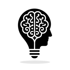 Black silhouette of a human head with a brain-shaped light bulb on a white background. Symbol of creativity and creative idea. Education concept. Vector illustration