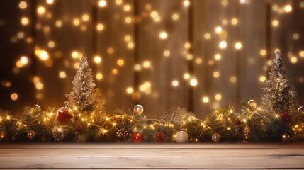 Warm winter Christmas background with illuminations, lights, Christmas tree. Wooden table. Copy space. Generative ai technology