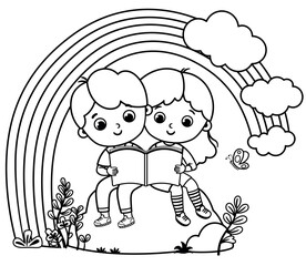 Black and white vector illustration of children sitting under the rainbow reading a book.