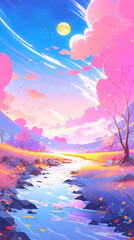 Fototapeta na wymiar Hand drawn anime beautiful fantasy landscape illustration background 