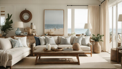 Fototapeta na wymiar A coastal-inspired living room with a neutral color palette, light wooden furniture, and nautical accents for a relaxed beachy vibe.