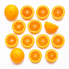 Lots of whole and cut oranges with a top view on a white background. Generative AI