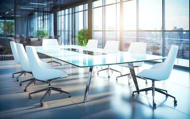 Plakat Empty meeting room in bright office see view outside is of a modern city.