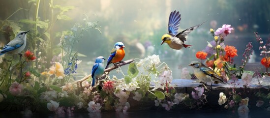 In the beautiful natural garden cute birds with colorful feathers wings and beaks fill the air creating a harmonious spectacle of wildlife where the gentle hooting of pigeons can be heard