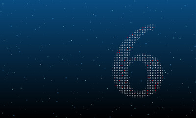 On the right is the number six symbol filled with white dots. Background pattern from dots and circles of different shades. Vector illustration on blue background with stars