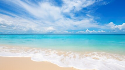 Obraz premium Beautiful beach with white sand, turquoise ocean, blue sky with clouds and palm tree over the water