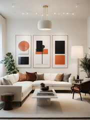 A contemporary art gallery-inspired living room with white walls, track lighting, and curated artwork as a focal point.