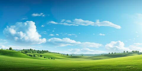 Obraz premium Grassy hills under blue sky with clouds