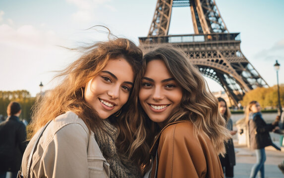 Beautiful gorgeous women in front of the Eiffel tower in Paris
